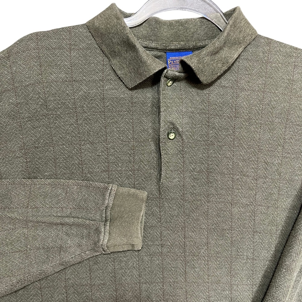 Pendleton Mens Large Olive Green Herringbone Cotton Long Sleeve Polo Shirt